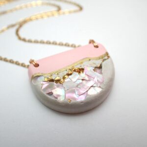 Handmade Concrete Pendant Necklace: Pink Abalone & Rose Gold