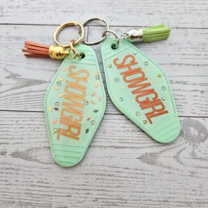 Rhinestone Showgirl Motel Keychain: Mint Green Glitter Resin Key Tag - Choose Style and Attachment
