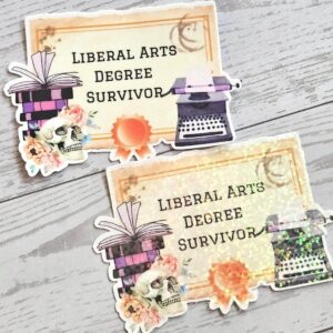 Liberal Arts Degree Survivor Sticker – Vintage Skull, Books, Typewriter Decal