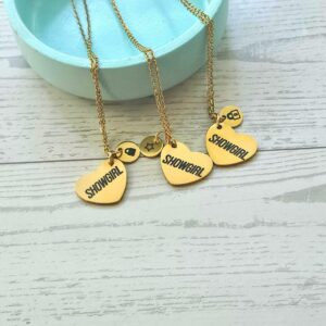 Gold Showgirl Heart Necklace: Engraved Stainless Steel Pendant, Charm Accent