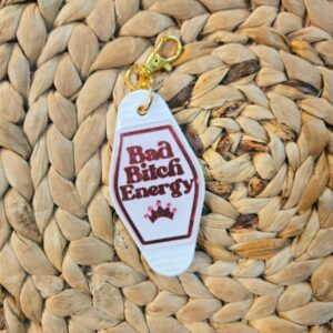 Motel Keychain - Bad Bitch Energy - White Keychain - Gifts For Her - Retro Keychain - Rhinestone accented keychain